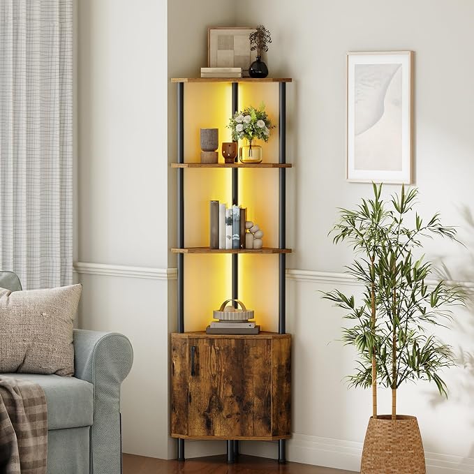 HOOBRO Corner Cabinet with LED Light, Corner Shelf Stand with Storage and Doors, 5-Tier Industrial Corner Bookshelf, 59” Tall Display Rack Shelf, for Living Room, Kitchen, Rustic Brown BF147DCJ01