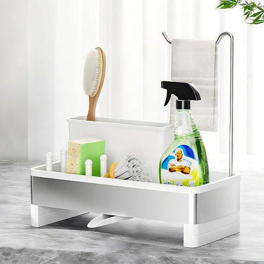 Ewaiira Sponge Holder for Kitchen Sink, Stainless Steel Sink Caddy | with Brush Holder & Dishcloth Rack, Countertop Sink Organizer, Soap Dispenser Kitchen Organizers Storage (E-White 9.8″)