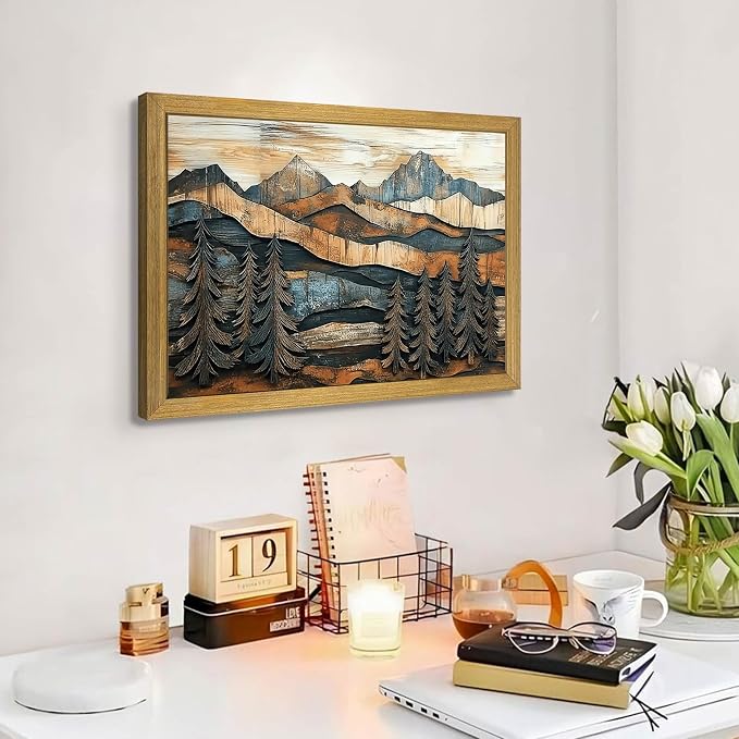 Vintage Boho Mountain Wall Art, Framed Landscape Canvas Wall Art, Nature Forest Wall Decor, Rustic Farmhouse Print Poster Painting for Living Room Bedroom Dining Room 12x16 Inch