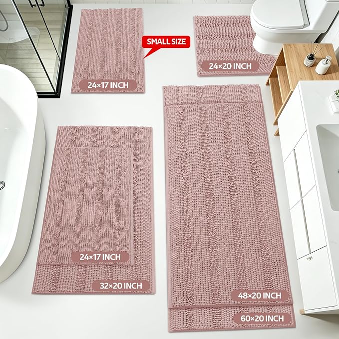 Striped Dusty Pink Bathroom Rug Mat Set 2 piece 24"x17"+48"x20" Ultra Soft, Non Slip Chenille Bath Rugs, Absorbent Plush Shaggy Bath Mats for Bathroom, Bedroom, Kitchen, Shower, Tub