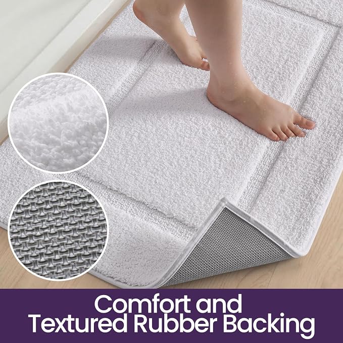 DEXI Bath Mat 43x24, Absorbent and Non Slip Bathroom Rugs, White | Soft Plush Microfiber Bathmat, Machine Washable & Quick Dry, Rubber Back Rug for Shower, Tub, Sink
