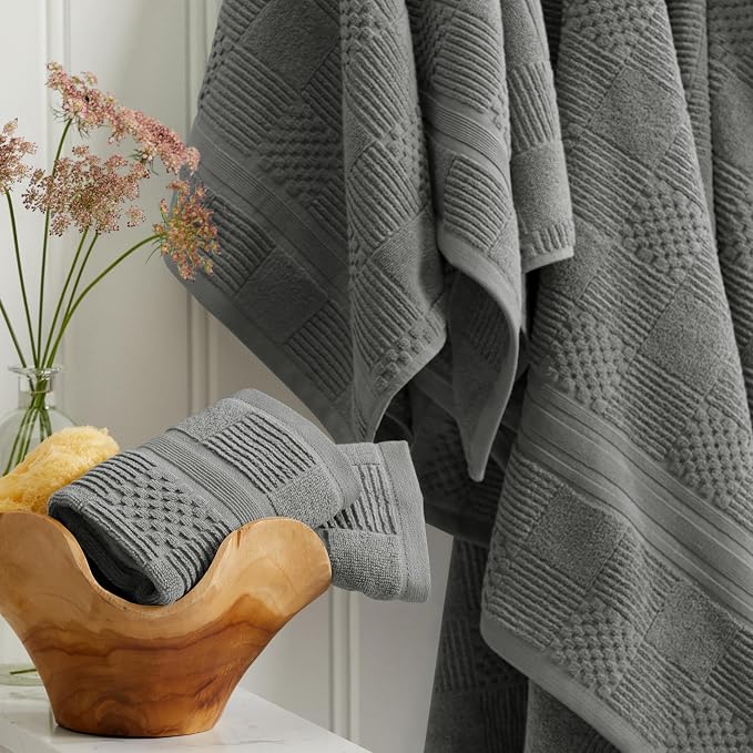 100% Cotton Bath Towel Set | 6-Piece Set | Textured Carbon | Luxury Geometric Design | Absorbent & Quick-Dry Bathroom Towels | Textured and Durable Cotton Towels for Bathroom | OEKO-TEX