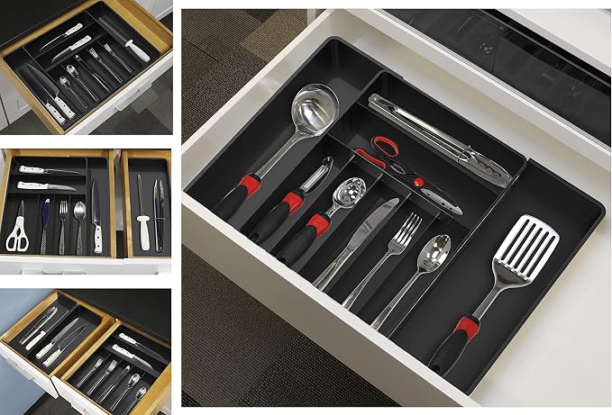 Simple Houseware Expandable Kitchen Drawer Flatware Organizer, Black | Expandable Kitchen Drawer Flatware Organizer, Black – Adjustable Cutlery Tray with 9 Compartments for Utensils and Silverware