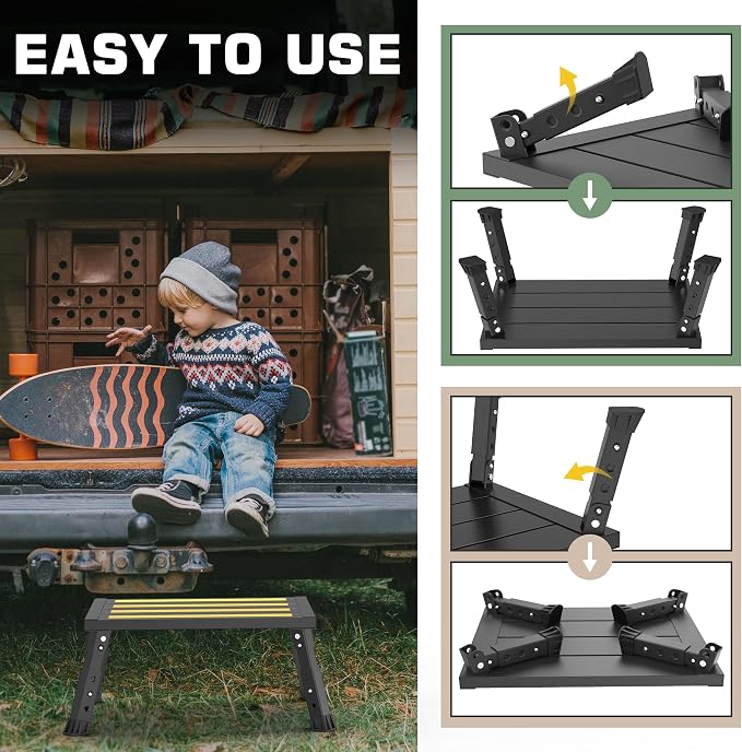 Adjustable RV Step Stool, Wide Platform, Foldable Legs, Black | 3 Height Settings, 1,000-lb Capacity, Aluminum Frame, Non-Slip Rubber Feet, Portable Step for Camper Stairs and Trailers
