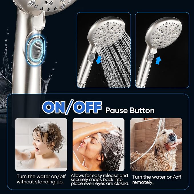 Cobbe 9 Spray Modes Handheld Shower Head, Water-Saving, Brushed Nickel | Power Rinse, 1-Click Pause & Flow Control, 6ft Stainless Steel Hose, Adjustable Brass Bracket