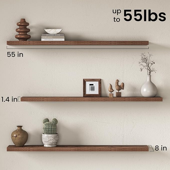 Fun Memories 55 Inch Long Floating Shelves for Wall, 8" Deep Floating Shelves for Bathroom Living Room Bedroom, Rustic Wall Mounted Shelf with Invisible Heavy-Duty Bracket, Set of 2, Rustic Brown
