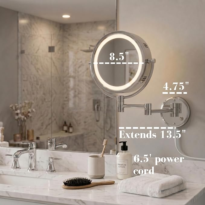 JERDON Lighted Wall-Mount Makeup Mirror - 8X - Chrome - HL88CL | 8.5" Round Frame, 13.5" Wall Arm, LED Lighting, Corded Plug-In Power
