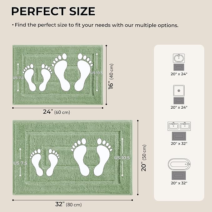 GRANNY SAYS Green Bathroom Rugs Set 2 Piece, Non Slip Microfiber Bath Mats | Soft microfiber with TPR backing, fast water absorption, machine washable 2 piece bath rug set for Tub, Shower, Toilet