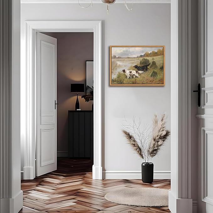 Floating Framed Vintage Hunting Dog Wall Art, Classic Countryside Landscape Canvas Print, English Setter and Gordon Setter Painting, Rustic Farmhouse Wall Decor for Living Room Study Office 16x24 inch