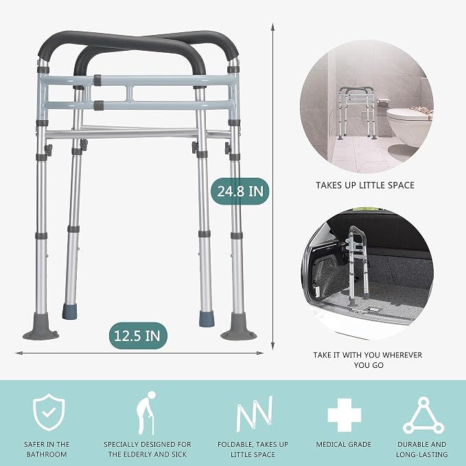 Lianjindun Toilet Safety Rails, 350 lbs, Adjustable Height & Width | Fits Most Toilets, Foldable Design, 350 Lbs Capacity, Aluminum Toilet Frame, Toilet Handles for Seniors, Disabled, Handicap
