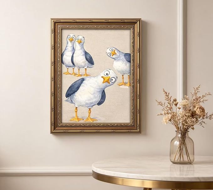 Vintage Gold Framed Funny Seagull Wall Art, Watercolor Cartoon Bird Canvas Print, Whimsical Coastal Wall Decor, Retro Style Funny Bird Poster Artwork,for Bathroom Bedroom Living Room,12x16in