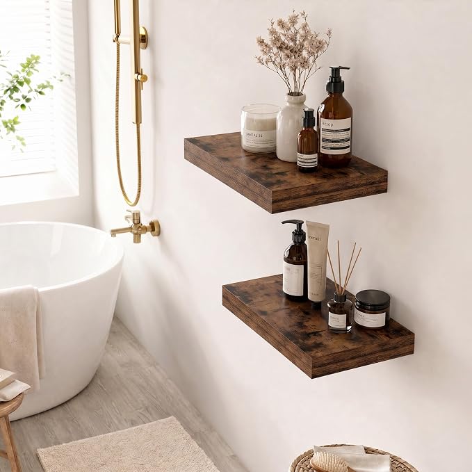 Deep Floating Shelves for Wall, 12 Inch Wide Small Wall Shelves Set of 2, 2 Inch Thick Invisible Wall Mounted Shelves for Bathroom Bedroom Nursery,Rustic Brown