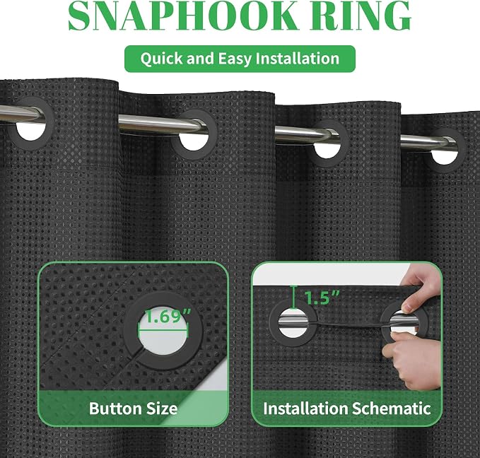 No Hook long Waffle Shower Curtain, No Liner Needed, 71x86 Inch, Black | 100% waterproof TPU-laminated backing, magnetic weighted hem, machine washable, shower curtain set for bathroom or hotel use