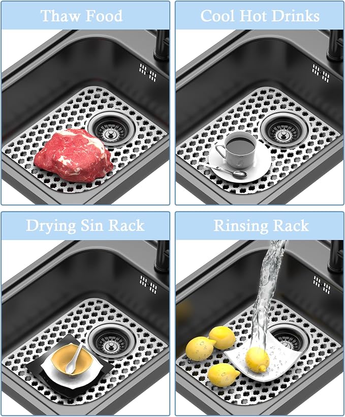 2 Pack Silicone Sink Protector Mat for Kitchen Sink Rear Drian White | 13-9/16" x 11-5/8" Non-Slip Heat-resistant and Durable Silicone Grid