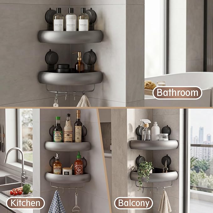 Shower Caddy Suction Cup（2-Pack Gray）, No-Drilling Corner Bathroom Organizer,Rust Proof Shower Shelf for Inside Shower with Removable Hooks & Towel Bar