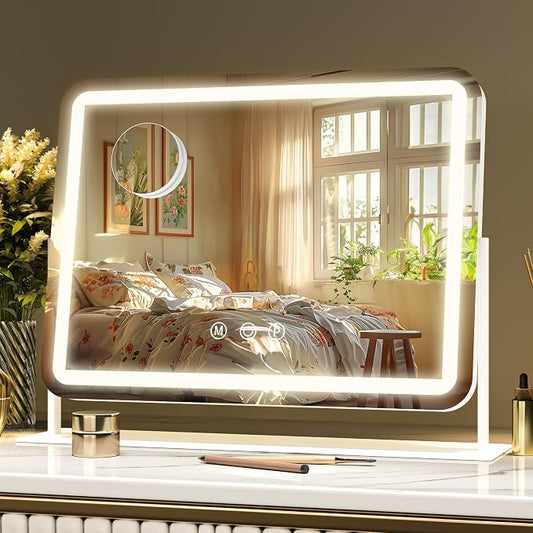 Hasipu Vanity Mirror with Lights, 14" x 11" LED Makeup Mirror, Light up Mirror with 10X Magnification, Smart Touch 3 Colors Dimmable (White)