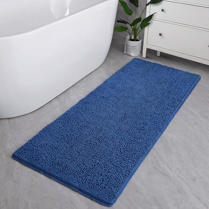 LOCHAS Luxury Bathroom Rug Shaggy Bath Mat 24 x 70 Inch, Blue | Washable Non Slip Bath Rugs for Bathroom Shower, Soft Plush Chenille Absorbent Carpets