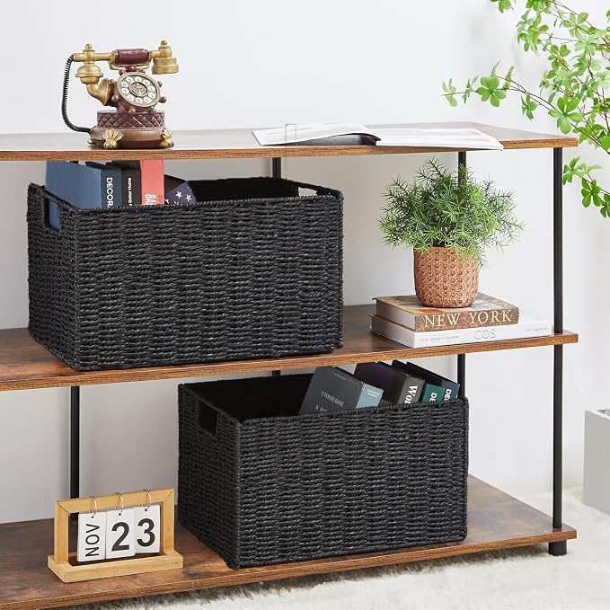 Wicker Storage Basket, Set of 2 Hand-Woven Paper Rope Wicker Basket, Small Storage Baskets for Organizing Toilet Paper Basket, Foldable Large Cube Storage Organizer Bins for Shelves (Black)