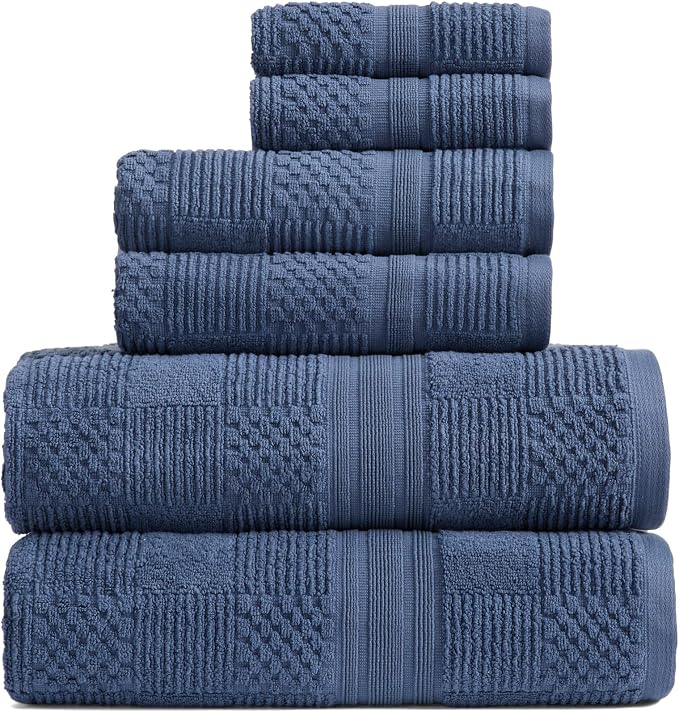 100% Cotton Bath Towel Set | 6-Piece Set | Textured Indigo | Luxury Geometric Design | Absorbent & Quick-Dry Bathroom Towels | Textured and Durable Cotton Towels for Bathroom | OEKO-TEX