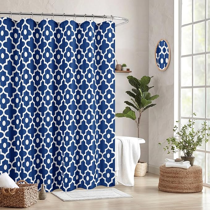 Biscaynebay Textured Fabric Shower Curtains for Bathroom 72" X 72", Indigo Morocco Pearl Printed Linen Shower Curtain Machine Washable