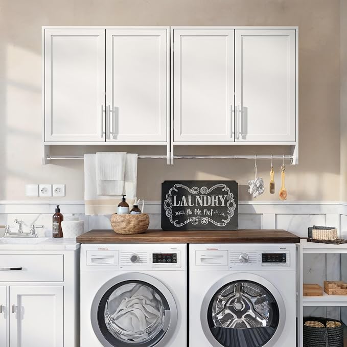FIMELLO 29.5’’ Wall Cabinet with Hanging Rod, Laundry Room Cabinets Wall Mounted, Bathroom Wall Cabinet, Adjustable Shelf, Shaker Door, White