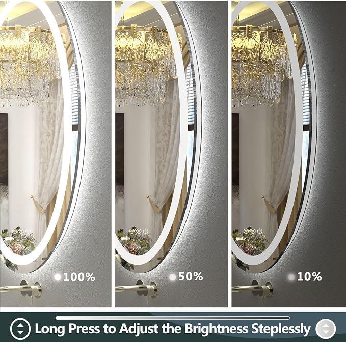 OKPAL Oval LED Mirror for Bathoom 40X24, Oval Bathroom Mirror with Lights, Dimmiable Lighted Vanity Mirror, Anti-Fog, Shatter-Proof, Memory, 3 Colors (Front Lights + Backlit)