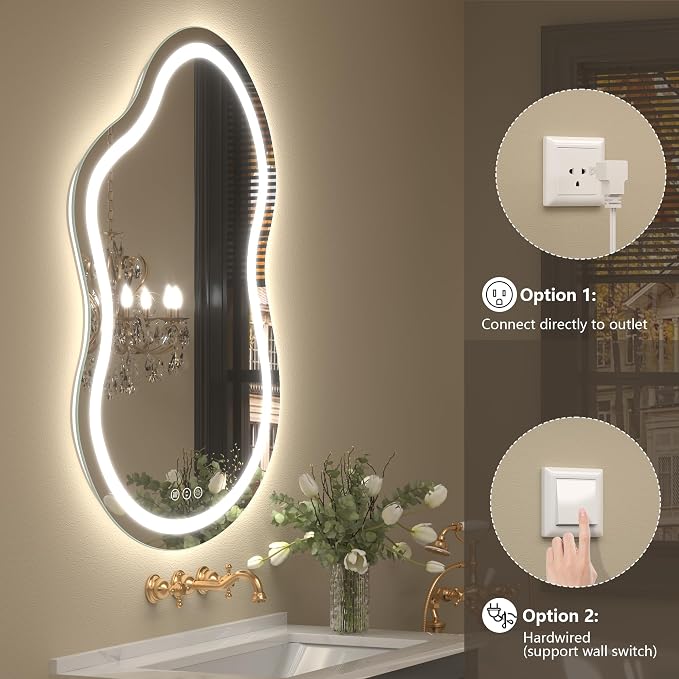 60x32 Inch Irregular LED Bathroom Mirror with Lights | Asymmetrical Lighted Vanity Mirror, Cloud Shape, Anti-Fog, Dimmable, Memory, 3 Colors, ETL Listed(Horizontal/Vertical)