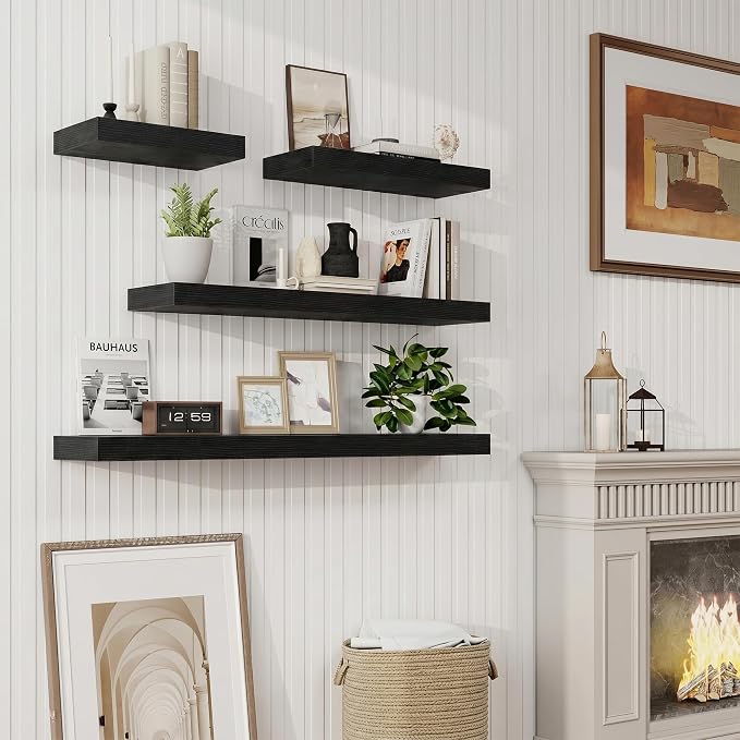 Marsmiles 9.25in Depth 36in Floating Shelves, 36x9.25x1.4, Black, Set of 2 | Wall Mounted Engineered Wood Shelves, Invisible Brackets for Living Room, Bedroom, Bathroom, Kitchen Decor and Storage