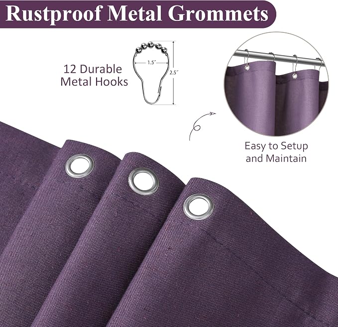 Purple Linen Shower Curtain, Country Boho Farmhouse Bath Decor Shower Curtains Neutral Cloth Weighted Textured Fabric Bath Curtain Liner with Hooks, 72x72