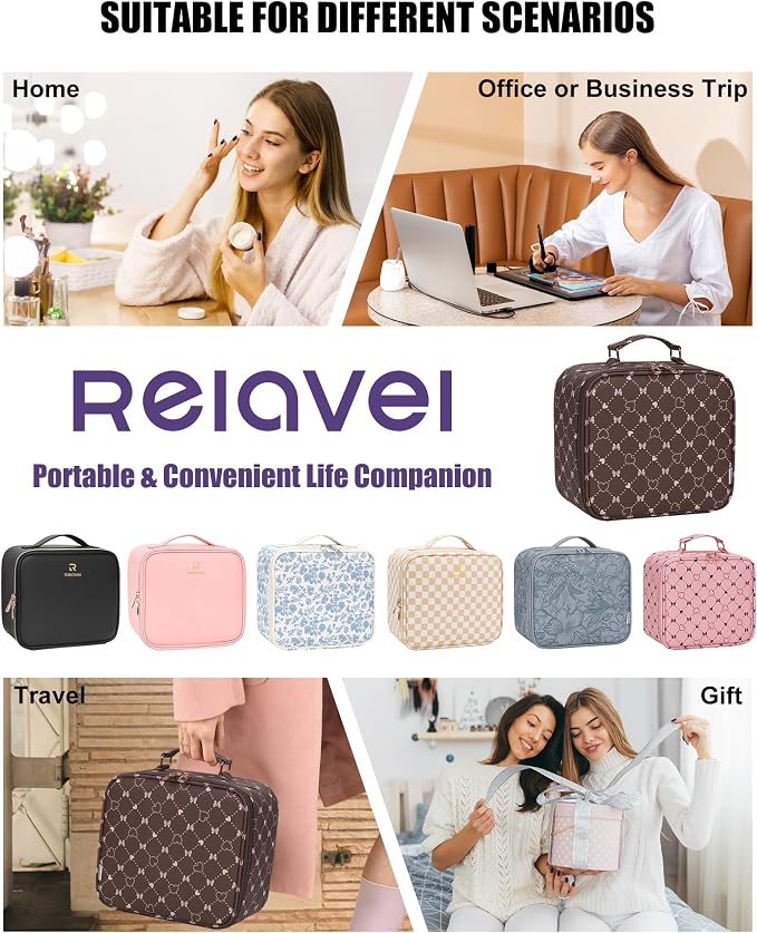 Relavel Travel Makeup Bag With LED Mirror, Brown Bowknot | Portable Cosmetic Bag with Adjustable Brightness in 3 Color Scenarios, Small Train Case with Detachable Dividers for Trip