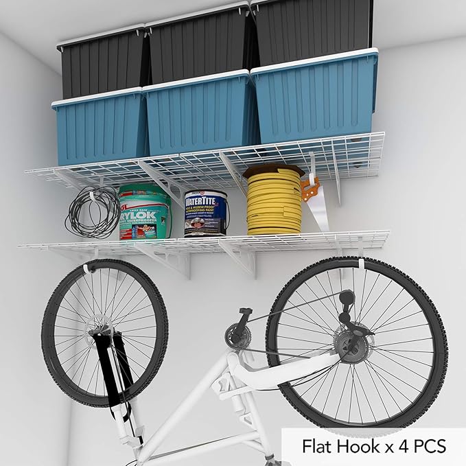 FLEXIMOUNTS 2-Pack 2x6ft Garage Shelving with Hooks, 1400lbs Load, White | 24"x72" Wall Shelf Garage Storage Rack Floating Shelves for Garage Workshop, Rustproof Seamless Grid Design, Classic Series