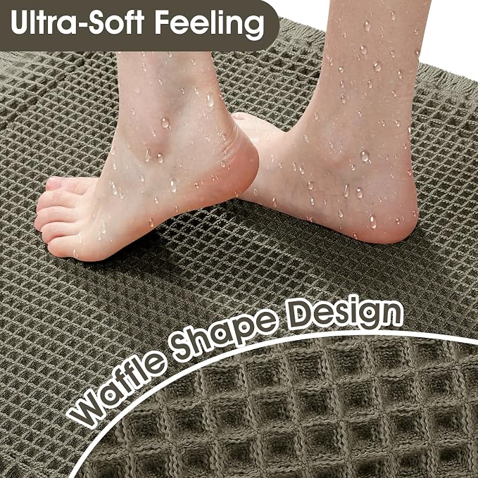 Upgraded Waffle Bath Mat Set 3 Piece Greyish Green-Bordered, Super Absorbent Non-Slip Quick Dry Bathroom Rugs with Tassels, Machine Washable Ultra Soft Boho Bath Rugs, Toilet Mats Boho Farmhouse Decor