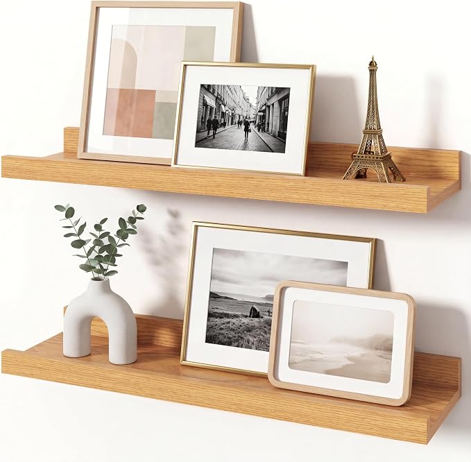Oak Picture Ledge Shelves for Wall, 4.5" Deep Wood Floating Shelves with Lip for Bedroom, Living Room, 16" Width, Color Oak Set of 2