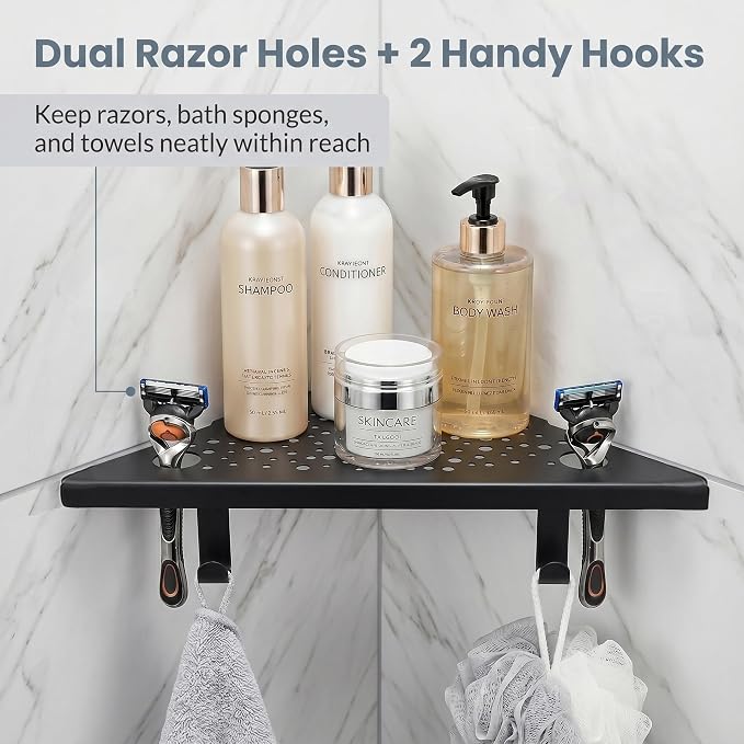 HIDROP Matte Black Corner Shower Shelves with Hooks and Razor Holes, 2 Pack | 4 Hooks & 4 Razor Holes, 10" Bathroom Corner Shelf, 1.5mm Thickened Stainless Steel, Fast Drainage, Tiled Shower Corner Shelf