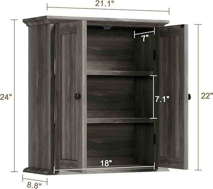 ChooChoo Bathroom Wall Cabinet with 2 Doors, Over The Toilet, Farmhouse | 8.8"D x 21.1"W x 24"H, Medicine Cabinet, Adjustable Shelves, Cupboard, Retro Grey