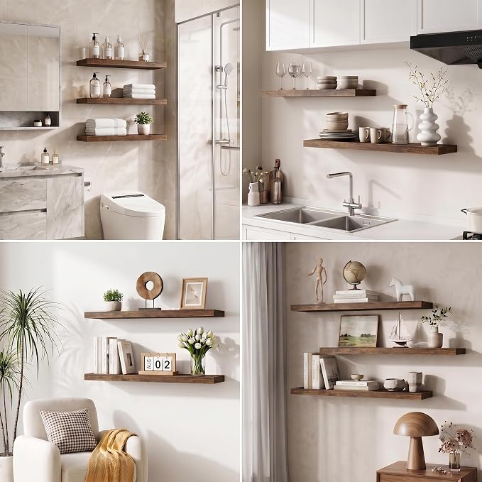 Floating Shelves for Wall, 28 Inch Floating Shelves Set of 2, Wall Mounted Rustic Wood Shelf for Bathroom, Living Room, Bedroom and Kitchen, Hanging Shelf for Storage, Books, Home Decor, Rustic Brown