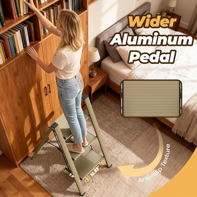 HBTower 3 Step Ladder, Lightweight Aluminum Folding Step Stool | Anti-Slip Wide Pedal, 330lbs Capacity Step Ladder for Household Kitchen Office, Gold