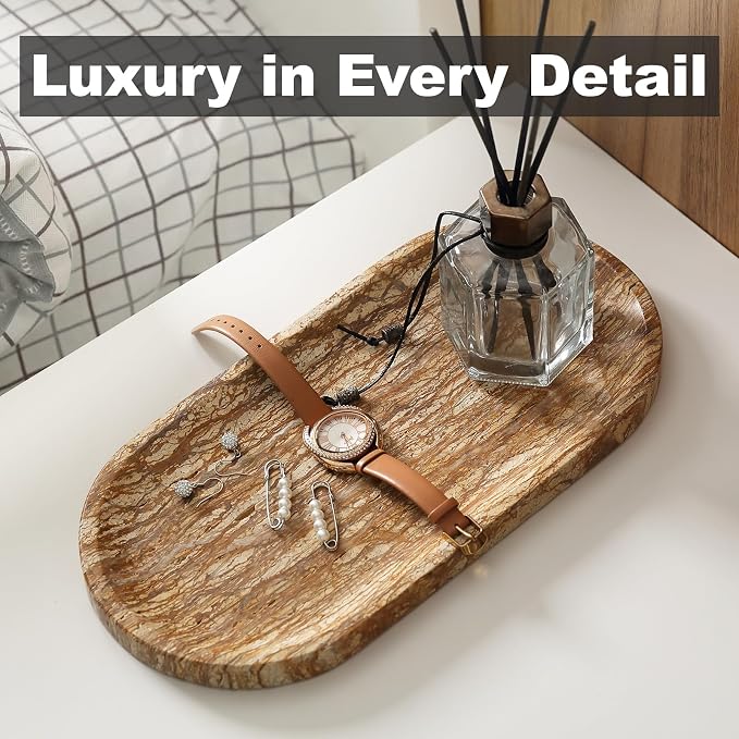 Turkish Natural Marble Tray, 12"x6" Vanity Decorative Tray for Countertop Organizer, Catchall Tray for Perfume, Candles, Jewelry Dish