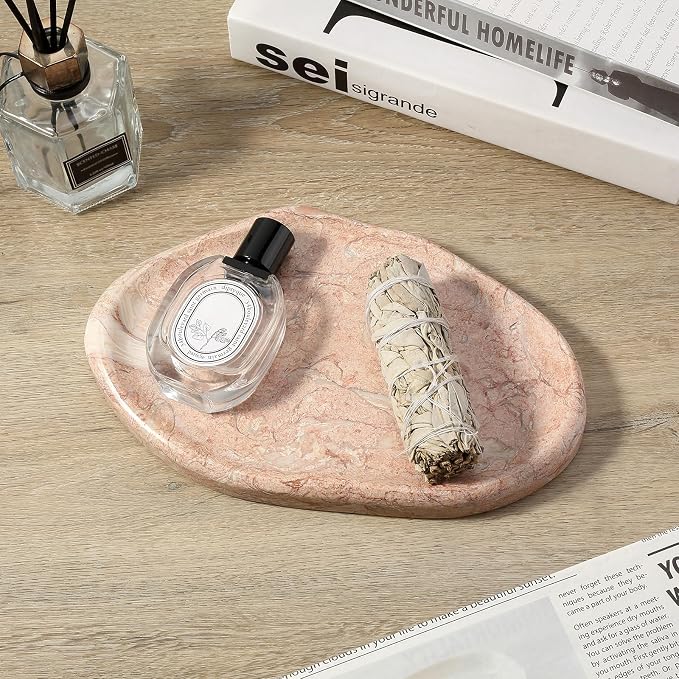 Luxurious Natural Pink Marble Vanity Tray, Cloud Shape Serving Stone Key Tray for Home Decor, 10" x 7" Marble Storage Trays for Bathroom, Stone Plate Holder for Perfume, Candle and Jewelry