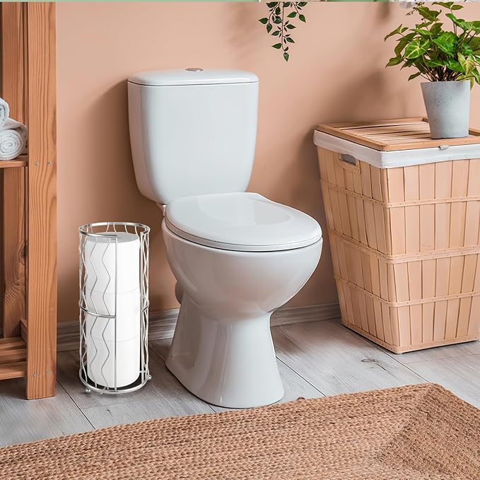 Decorative Metal Standing Toilet Tissue Holder for Bathroom/Powder Room, Compact Tissue Reserve for 3 Jumbo Rolls of Extra Toilet Paper Chrome