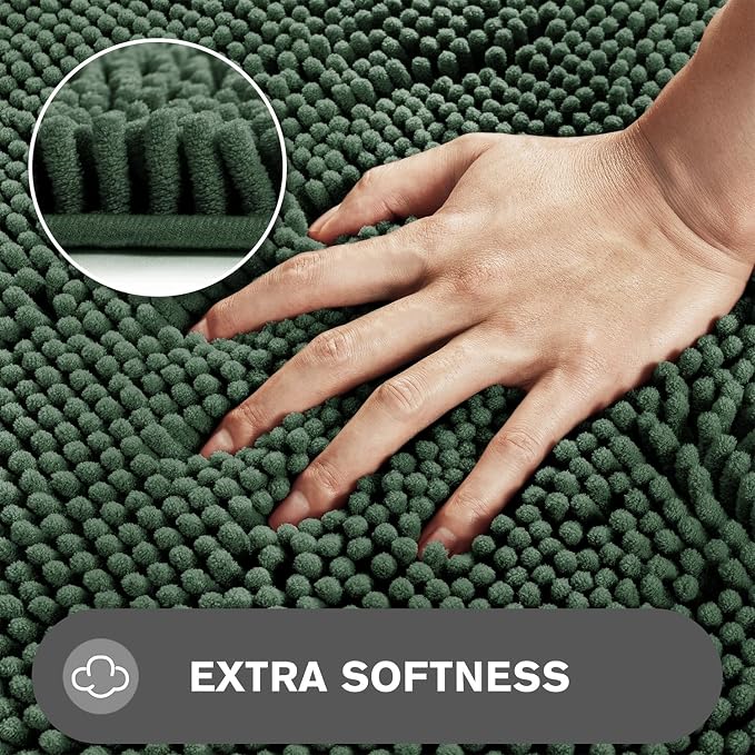 Hunter Green Bathroom Rugs – Absorbent and Washable Bath Mat, Non-Slip, Thick Soft Chenille Bath Rugs for Bathroom Floor, Shower, Sink - 20" x 32"