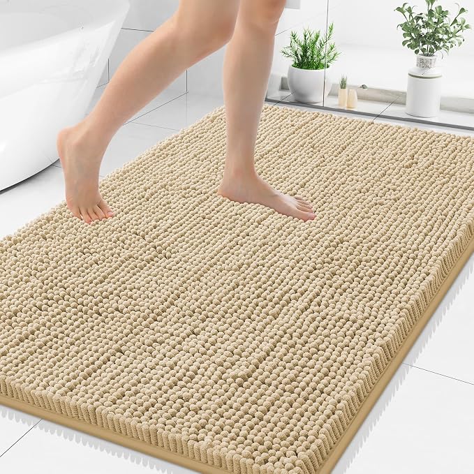 Smiry Bathroom Rugs 48X32, Luxury Chenille Extra Soft Absorbent Bath Mat | Beige, Machine Washable Non-Slip Plush Bath Mats for Bathroom, Tub, Shower, and Floor, Home Decor