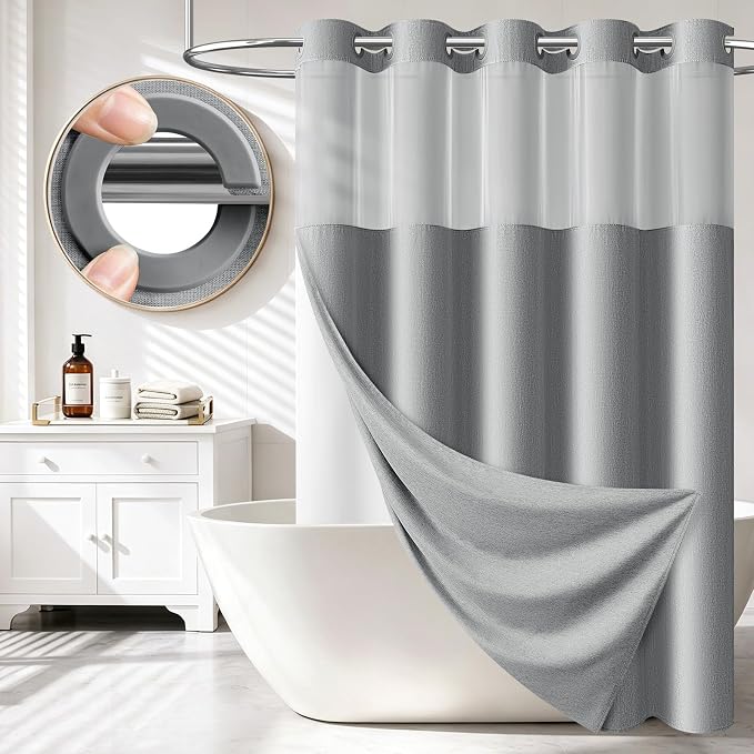 72x87 Ringless Linen Textured Shower Curtain with Snap in Liner, Grey | Extra Long Size, 3 in 1 Durable Fabric Shower Curtain, Removable Liner, Waterproof & Washable, Mesh Top Window, Easy Setup