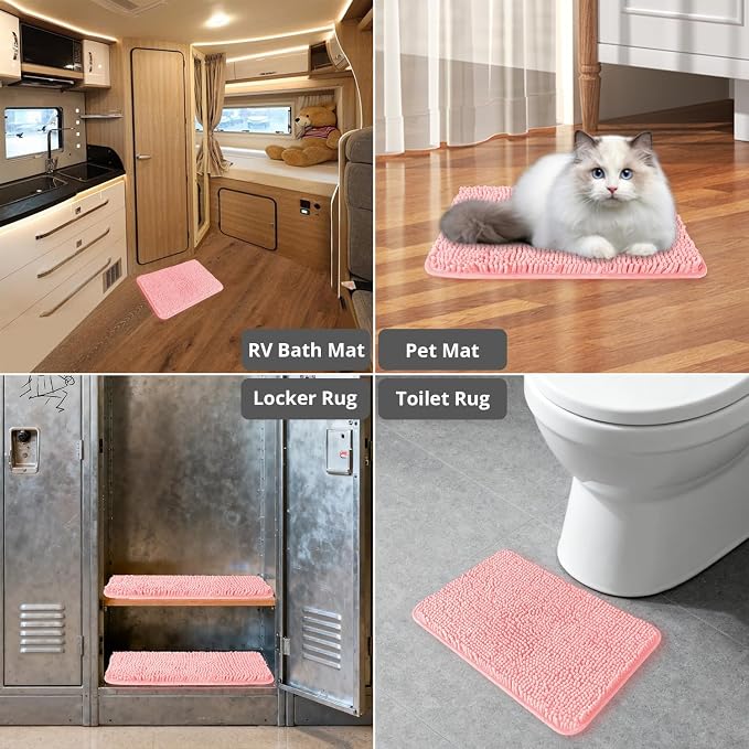 Small Bathroom Rug 12"x18" – Washable and Absorbent Bath Mat, Non Slip, Thick Soft Chenille Bath Rugs for Bathroom, Shower, Sink, Dog mat(Pink)
