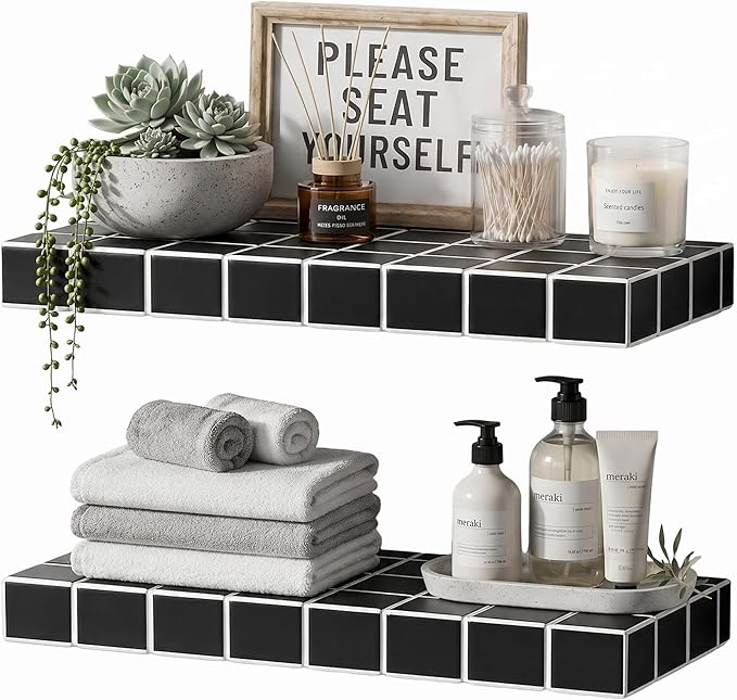 Floating Shelves, Set of 2, Black with White Lines | 15.7"W x 6.7"D x 1.5"H, set of 2, 25 lbs per shelf, 3D tile texture, splash-resistant, ~30 min assembly.