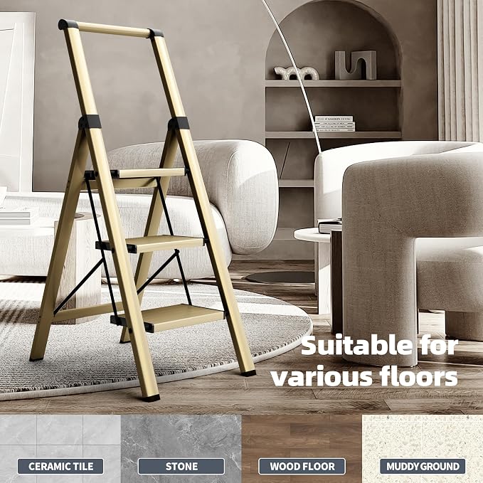 HillhutApex Aluminum 3 Step Ladder, Step Stool Foldable Ladder(Gold) | Stepladder with Handgrip,Anti-Slip Pedals,330lbs Capacity,Lightweight Folding Ladder for Home,Office,Libaray