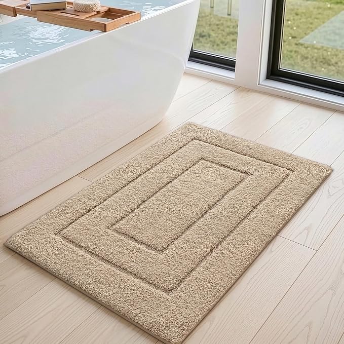 DEXI Bathroom Rugs 24x16, Non-Slip and Absorbent Bath Mat, Beige | Machine Washable, Soft Plush Microfiber Bathmat with Rubber Back, Quick Dry Small Rug for Shower, Tub, Sink