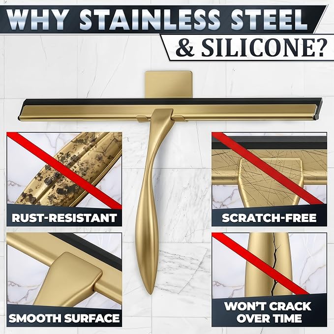 Stainless Steel Shower Squeegee, Glass, Silicone, 14 Inch (Gold) | Shower Door Squeegee with Silicone Blade, Adhesive & Hanging Hooks for Mirror, Tile, Window, Car, Multi-Surface Everyday Use