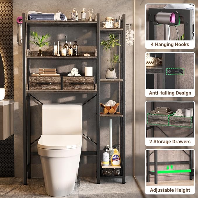 Besiost Over The Toilet Storage, 7 Tier Bathroom Organizer with Reversible Side Shelf and 2 Fabric Drawers, Adjustable Freestanding Rack Space Saver for Small Spaces, Grey Oak