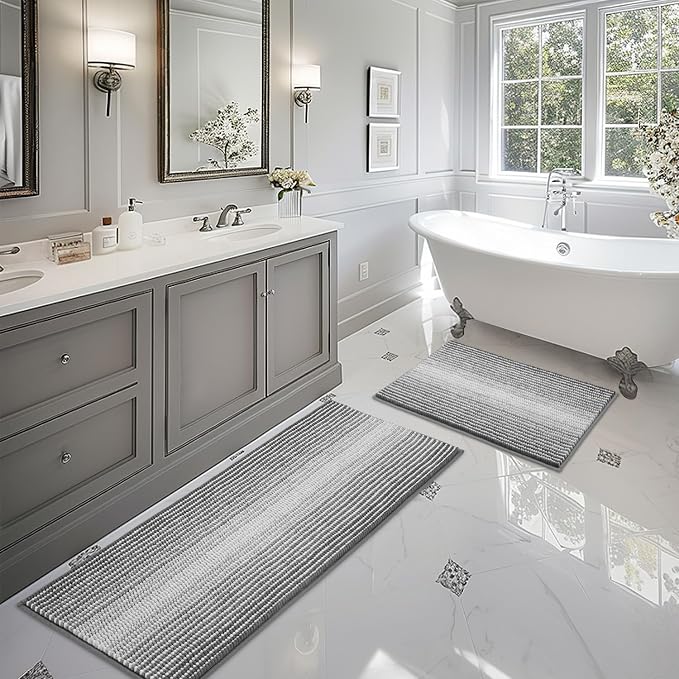 Bathroom Rugs and Mats Sets, 2 Piece Thick Absorbent Chenille Bath Mat Rug Set Non Slip, Soft Shaggy Bath Room Floor Mats for Bathroom, Machine Washable (Gray, 20" x 60" Plus 20" x 32")